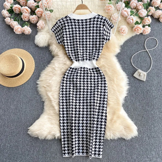 YuooMuoo Brand Fashion Houndstooth Knitted Long Dress 2024 Summer Fashion Vintage Elegant Office Lady Wrap Hips Bodycon Dress