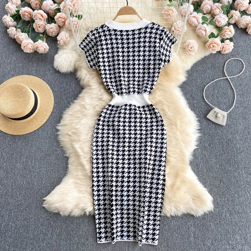YuooMuoo Brand Fashion Houndstooth Knitted Long Dress 2024 Summer Fashion Vintage Elegant Office Lady Wrap Hips Bodycon Dress
