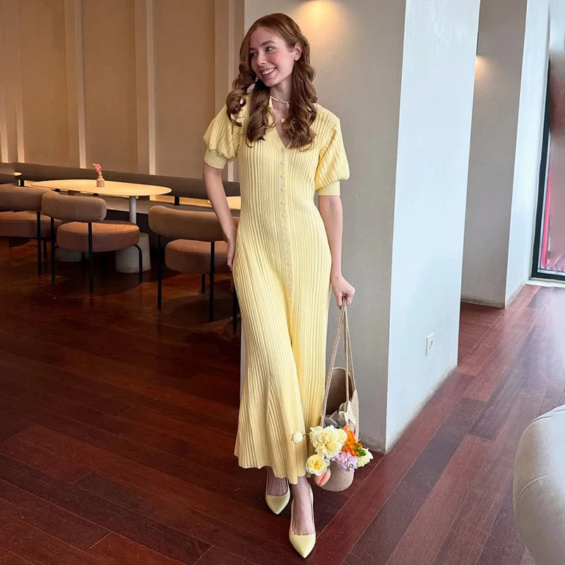 Tornova Fashion Cardigan Long Knitted Dress For Women Puff Sleeve Retro Fashion Sweater Dress 2025 Summer Sexy Vacation Dress