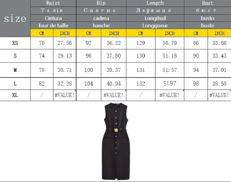 MUJER 2025 Womens Dresses Black Office Long Dresses for Women Spring Sleeveless Midi Dress Woman Belt Button Women's Dress Vest