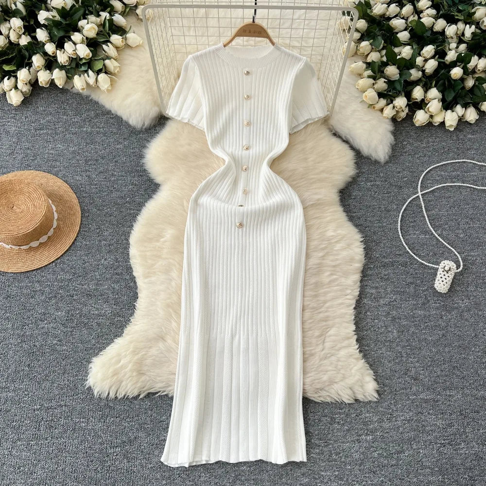 Dresses Women Summer Knitting Long Dress Single Breasted Round Collar Short Sleeve Sexy Bodycon Office Lady Knit Vestidos