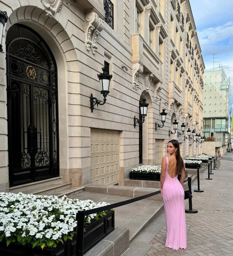 Trendix Knit Backless Dress For Women V Neck Slim Sleeveless Suspender Maxi Dress Vacation Sexy Beach Knitted Elegant Long Dress