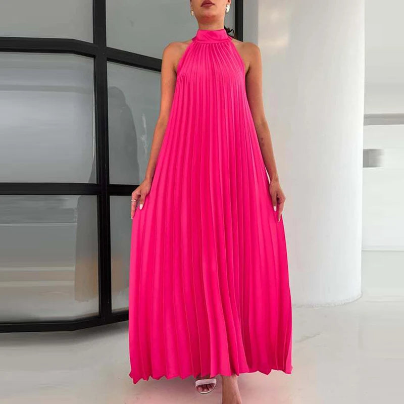 2025 Sexy Sleeveless High Waist Party Dress Spring Summer Half High Neck Loose Women Dress Casual Multi-color Pleated Long Dress