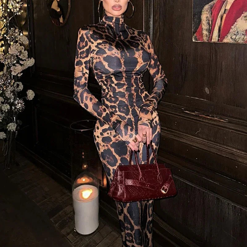 Print Leopard Print Slim Long Dress Women's Fashion Long Sleeve Sexy Party Dress Summer Street Leopard Print Long Dress 2024 New