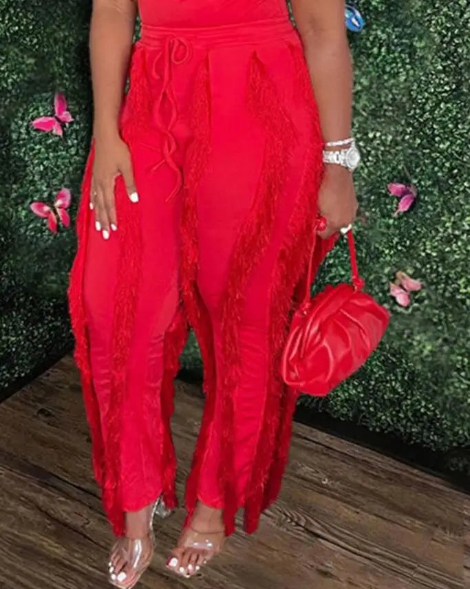 Fashion Solid Romper Casual Tank Top & Tassel Decor Drawstring Pants Set Skinny Tank Jumpsuits Summer Female Outfit Streetwear