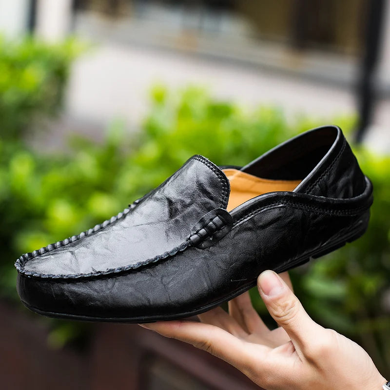 Summer Men Casual Shoes Leather Moccasins Breathable Slip on Boat Shoes Italian Luxury Brand Mens Driving Loafers Size 37-47