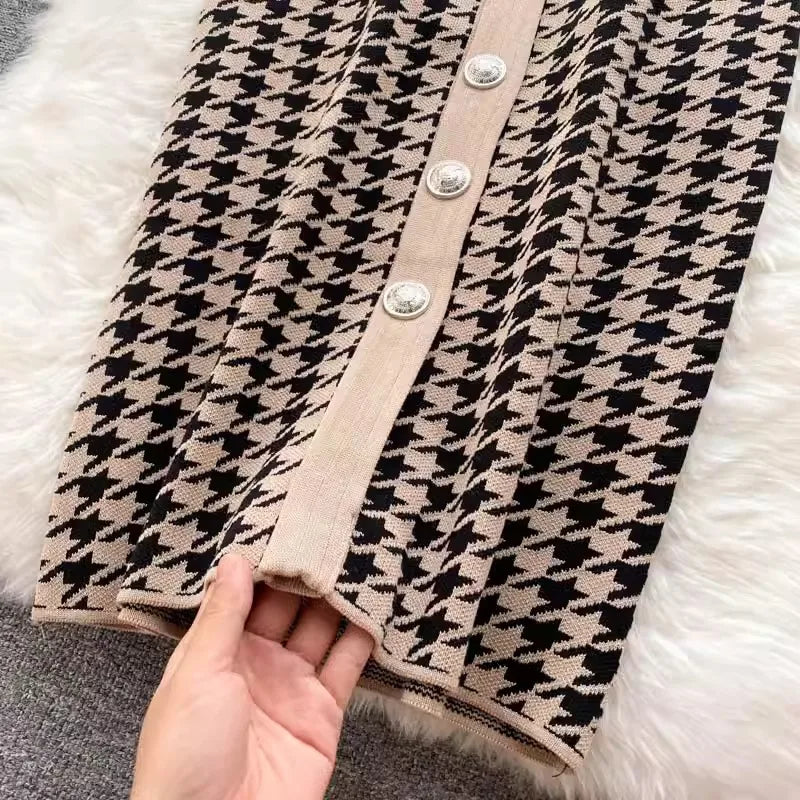 YuooMuoo Brand Fashion Houndstooth Knitted Long Dress 2024 Summer Fashion Vintage Elegant Office Lady Wrap Hips Bodycon Dress