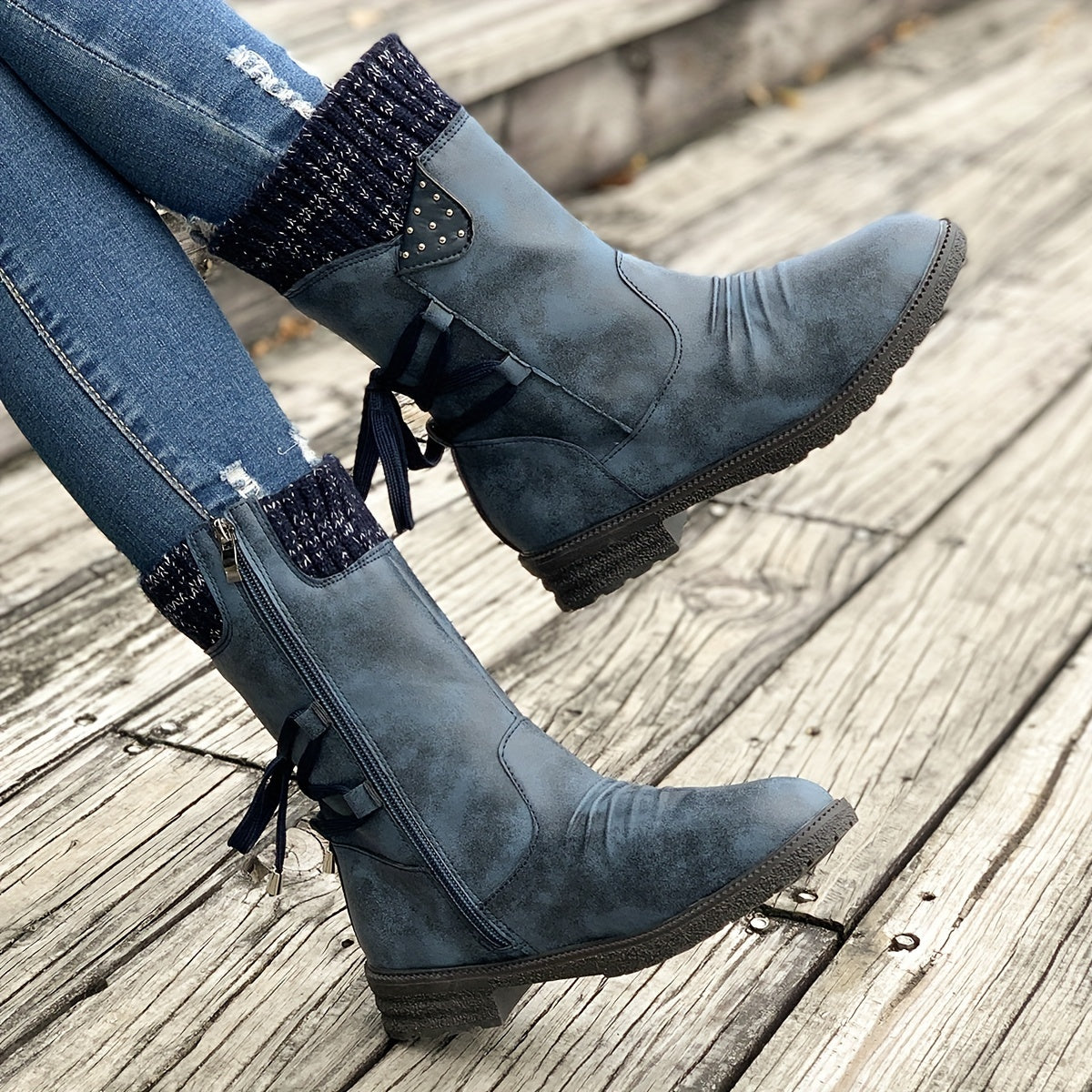 Women's Retro Black Chelsea Boots with Chunky Heel - Lace-Up & Side Zipper, Knit Cover Patchwork Design, Comfortable Fabric Lining, Casual Low Heel Ankle Boots for All Occasions