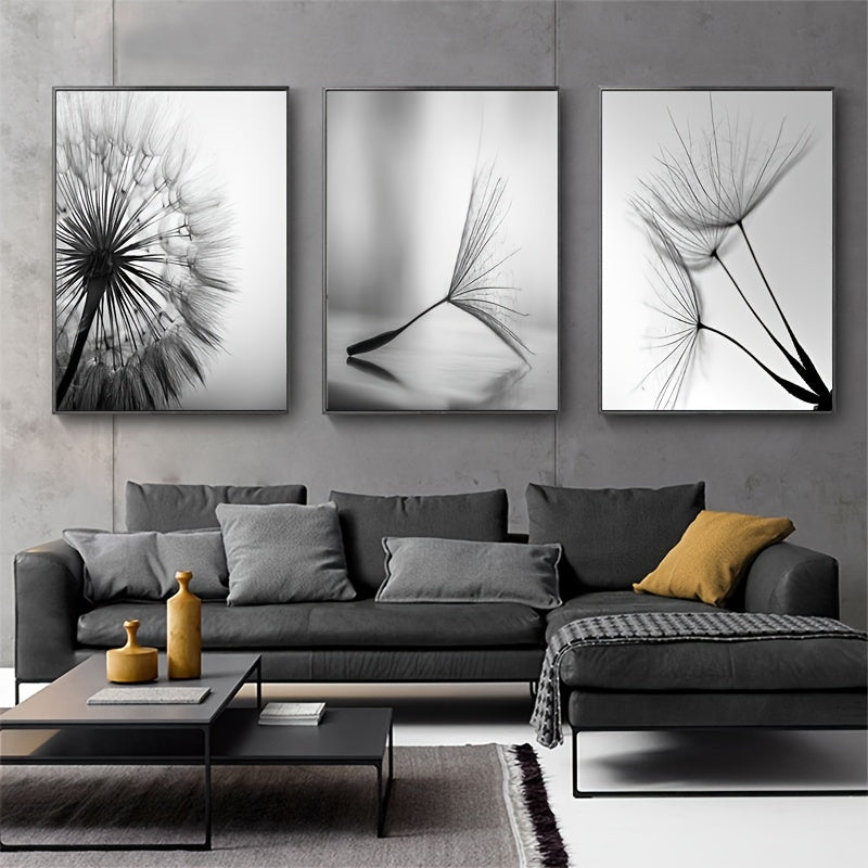 3pcs Black White Dandelion Flower Wall Poster, Wall Canvas, Canvas Painting, 15.7*23.6in Frameless
