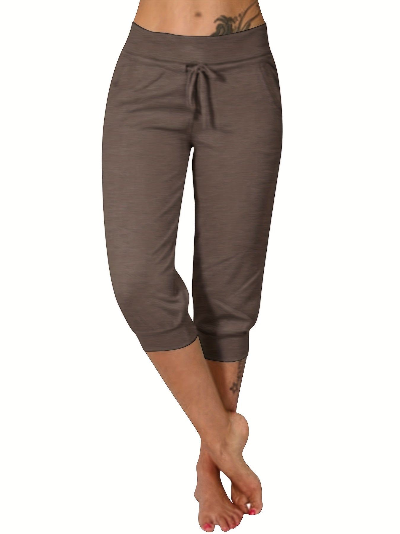 Womens Solid Elastic Capri Pants - Comfortable Casual Style - Cropped Everyday Wear for Effortless Fashion