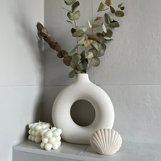 1pc, White Ceramic Vase White Vases For Decor, Modern Home Decor Vase, Boho Vases For Decor, Circle Vase, Round Vase, Donut Vase, Decorative Vase For Wedding Dinner Table Party Living Room Office Bedroom Indoor Decor