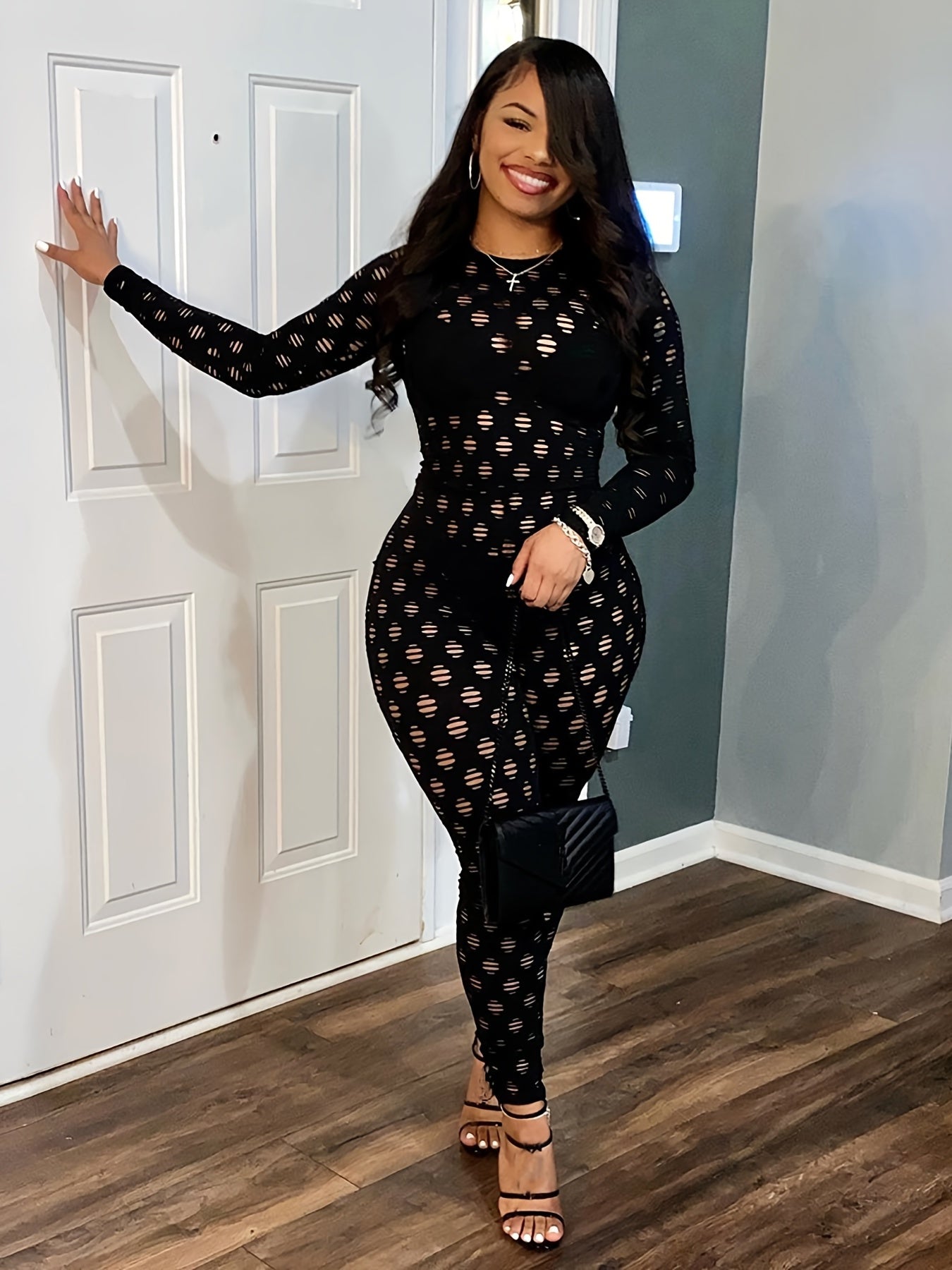 Hollow Zip Back Jumpsuit, Sexy Bodycon Long Sleeve Long Length Jumpsuit For Fall & Winter, Women's Clothing