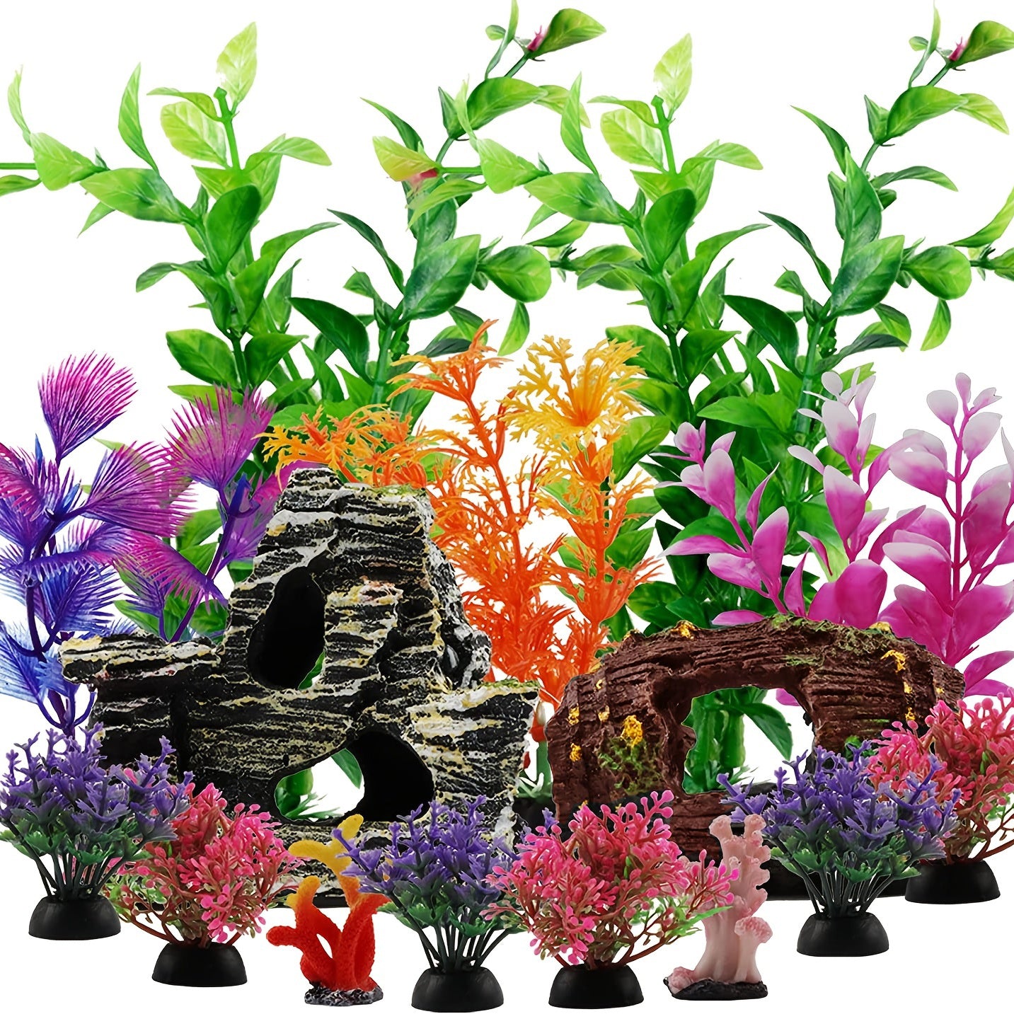 15pcs Resin Fish Tank Decorations Plants with Broken Barrel, Cave Rock View, and Plastic Plants