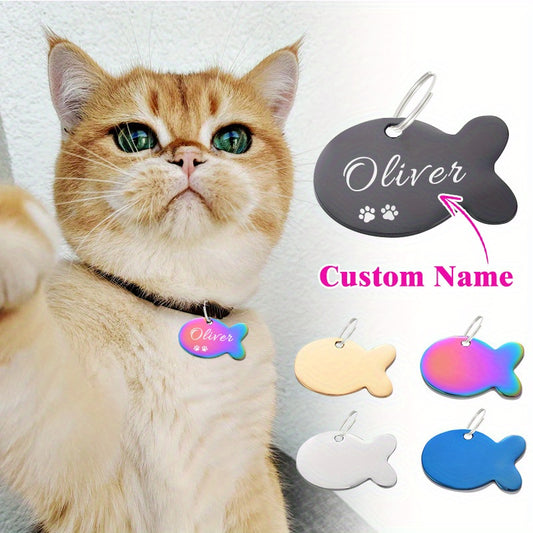 Custom Engraved Stainless Steel Fish-Shaped Pet ID Tag - Personalized Name & Paw Print, Colorful Collar Charm for Dogs & Cats