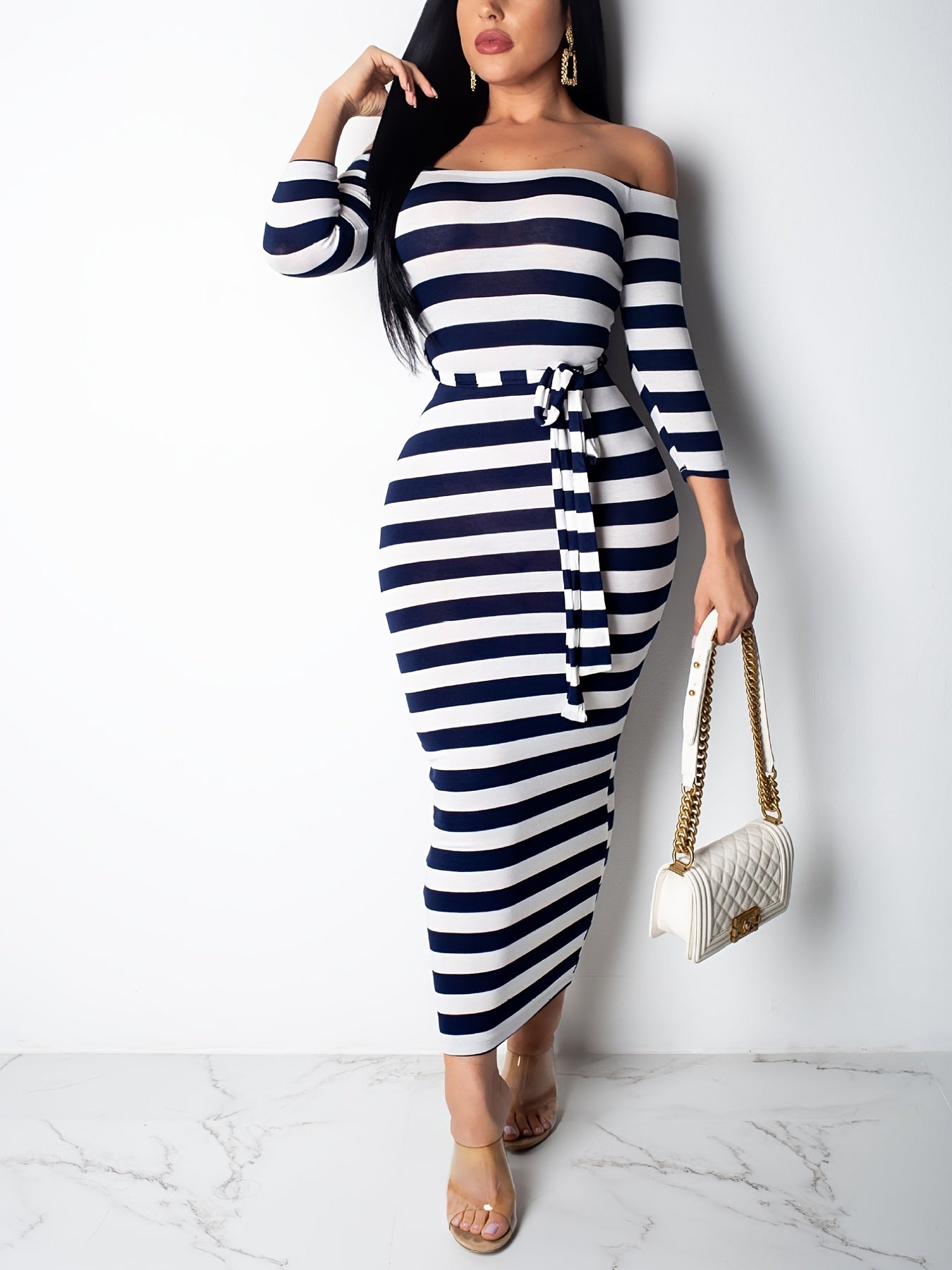 Off Shoulder Striped Dress, Stretchy Long Sleeve Dress, Casual Every Day Dress, Women's Clothing