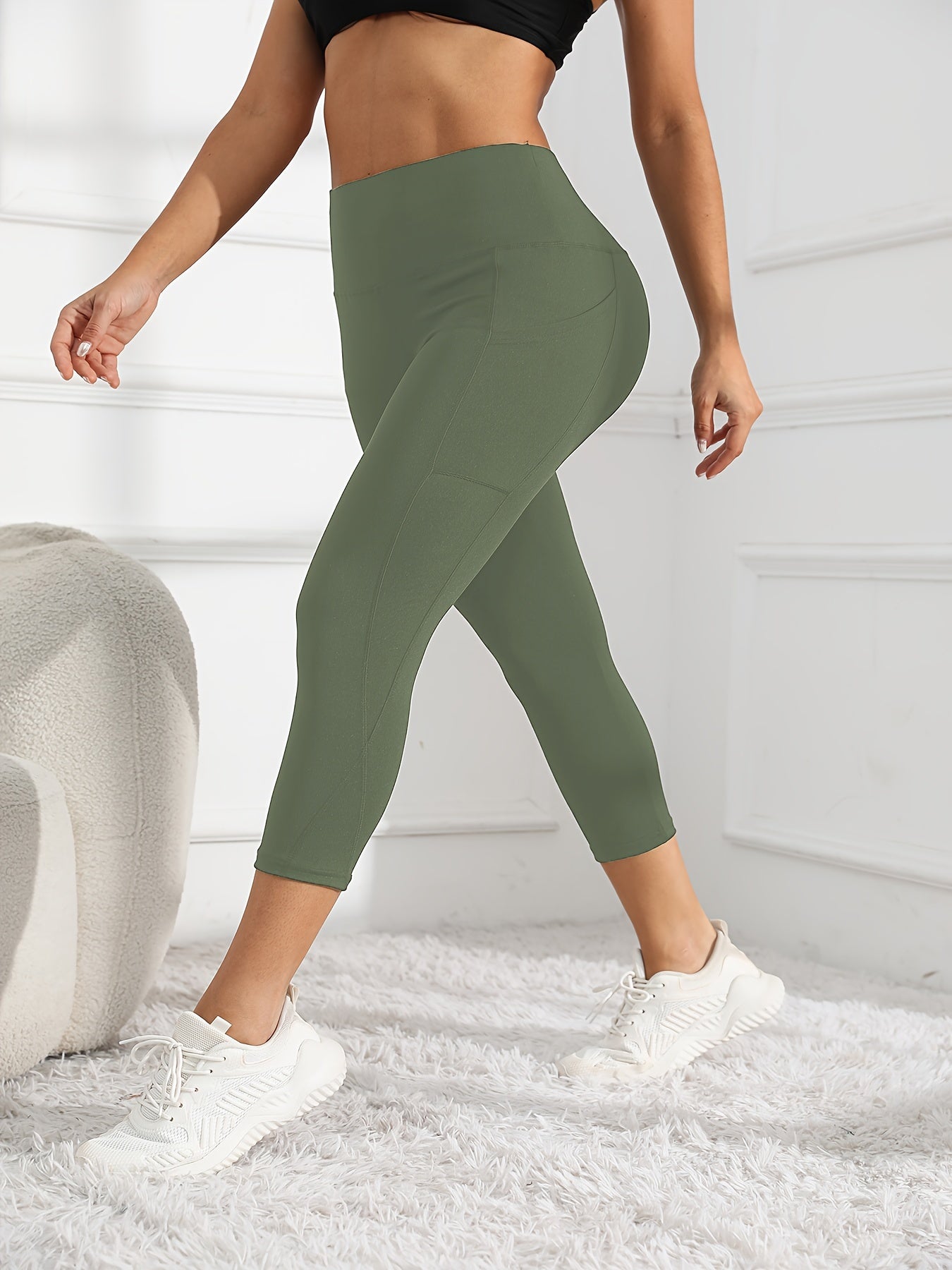 High-Waisted 7/8 Length Yoga Leggings - Tummy Control Butt-Lifting Workout Pants with Side Pockets, Medium-Stretch Non-See-Through Fabric for Gym, Cycling & All-Season Fitness, Yoga Pants, Gym Apparel, Seamless Design, Opaque