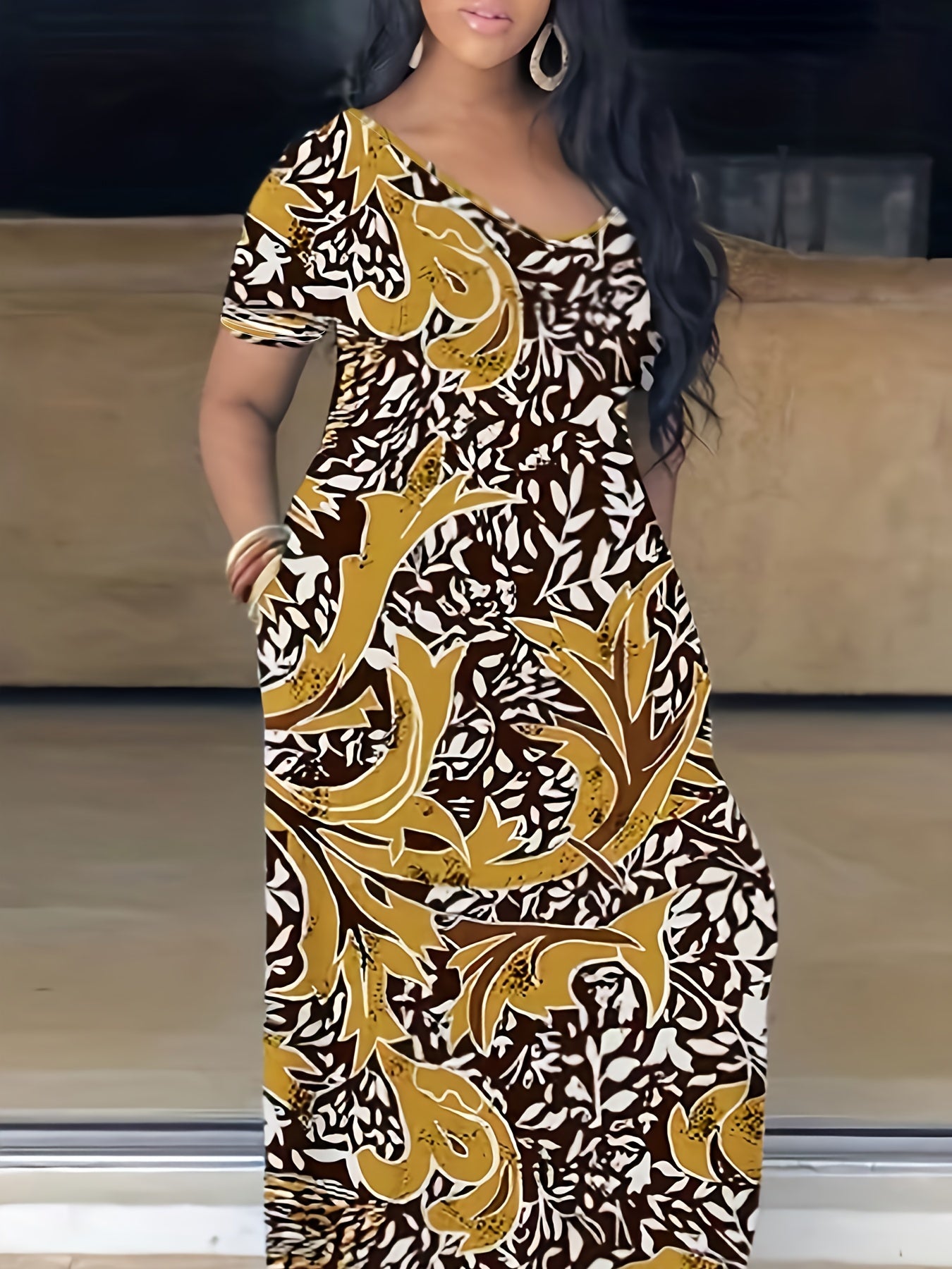 Elegant Plus Size Tie Dye Print Maxi Dress - Short Sleeve with Pocket - Medium Stretch Long Dress for Women