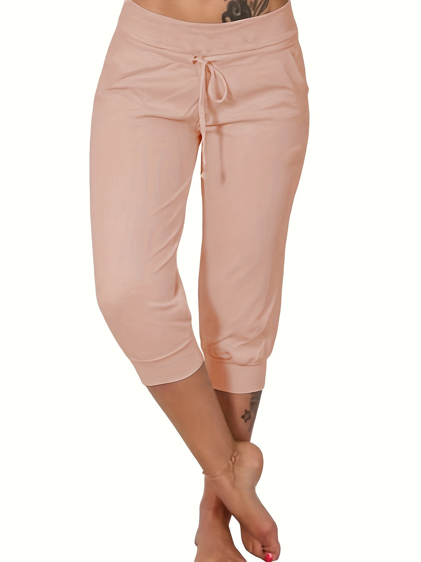 Womens Solid Elastic Capri Pants - Comfortable Casual Style - Cropped Everyday Wear for Effortless Fashion