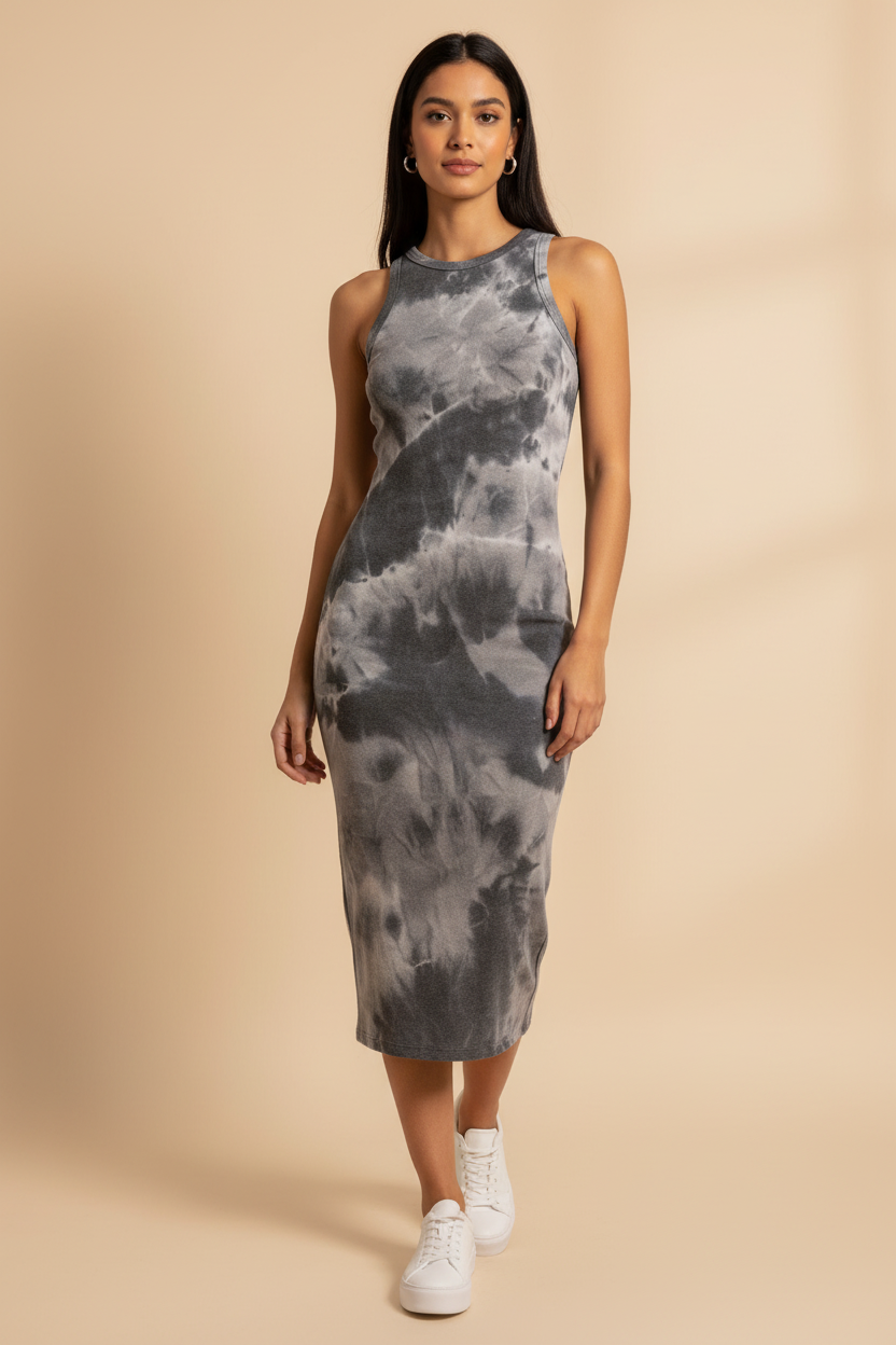 "Grey tie-dye sleeveless ribbed midi dress size small | Umpteen Things"