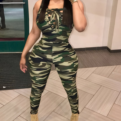 Sexy Hollow-Details Jumpsuit: Leopard & Camo Print, Mid-Elastic, Knit Fabric - Stylish, Durable for Spring/Fall