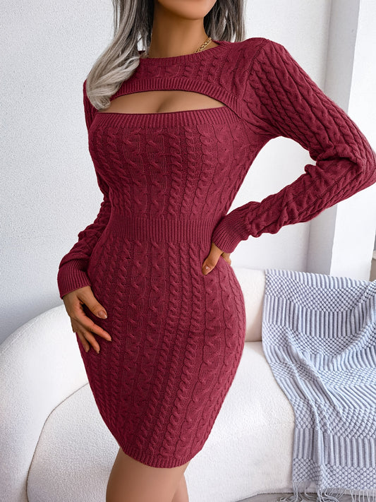 Elegant Keyhole Winter Bodycon - Long Sleeve, High Stretch, Ribbed Knit Women's Pencil Dress