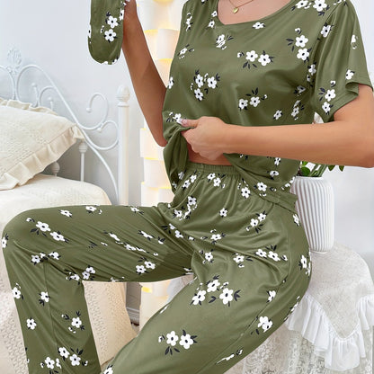 Luxurious Floral Print Pajama Set - Soft & Loose Fit for Women - Short Sleeve Tee & Pants - Comfy Sleepwear & Loungewear for Effortless Style