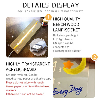 XD-TOPQC Acrylic LED Light Up Dry Erase Board with Stand, USB Powered Tabletop Memo Notepad, Clear Desktop Message Board for Daily Reminder, Planning, and Creative Use - Kawaii Room Decor, Small Notepad