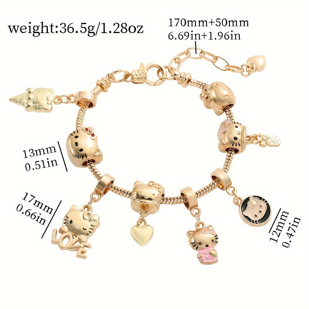 1pc Adorable Golden Hello Kitty Charm Bracelet - Kawaii Sanrio Anime Figure Beads Pendant Hand Chain Fashion Women's Bangle Accessories for Party Favors, Anime Lovers, and Collectors