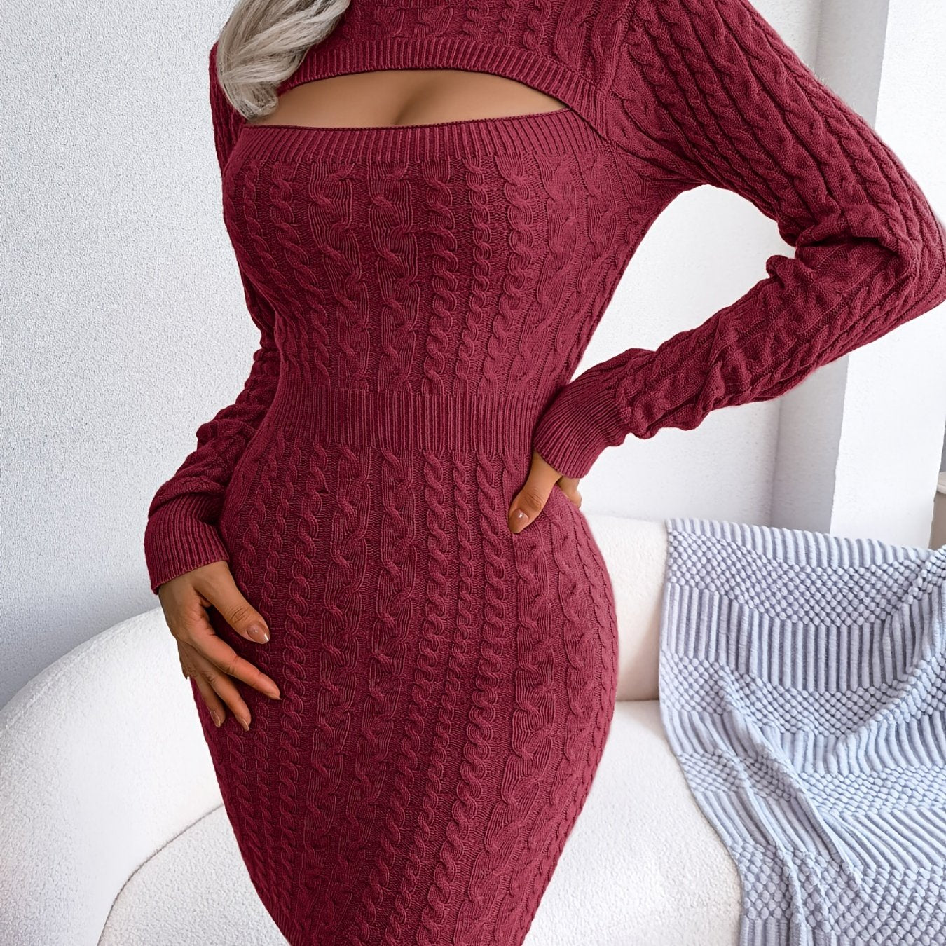 Elegant Keyhole Winter Bodycon - Long Sleeve, High Stretch, Ribbed Knit Women's Pencil Dress