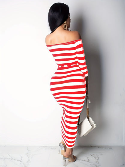 Off Shoulder Striped Dress, Stretchy Long Sleeve Dress, Casual Every Day Dress, Women's Clothing