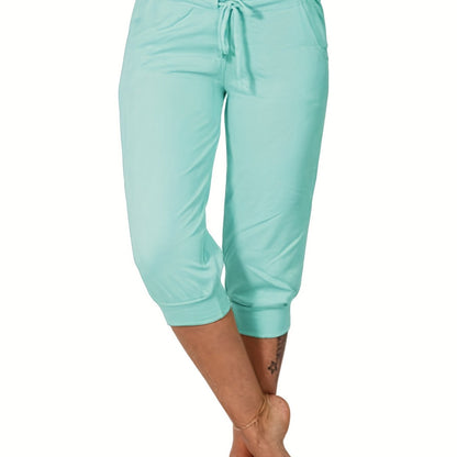 Womens Solid Elastic Capri Pants - Comfortable Casual Style - Cropped Everyday Wear for Effortless Fashion