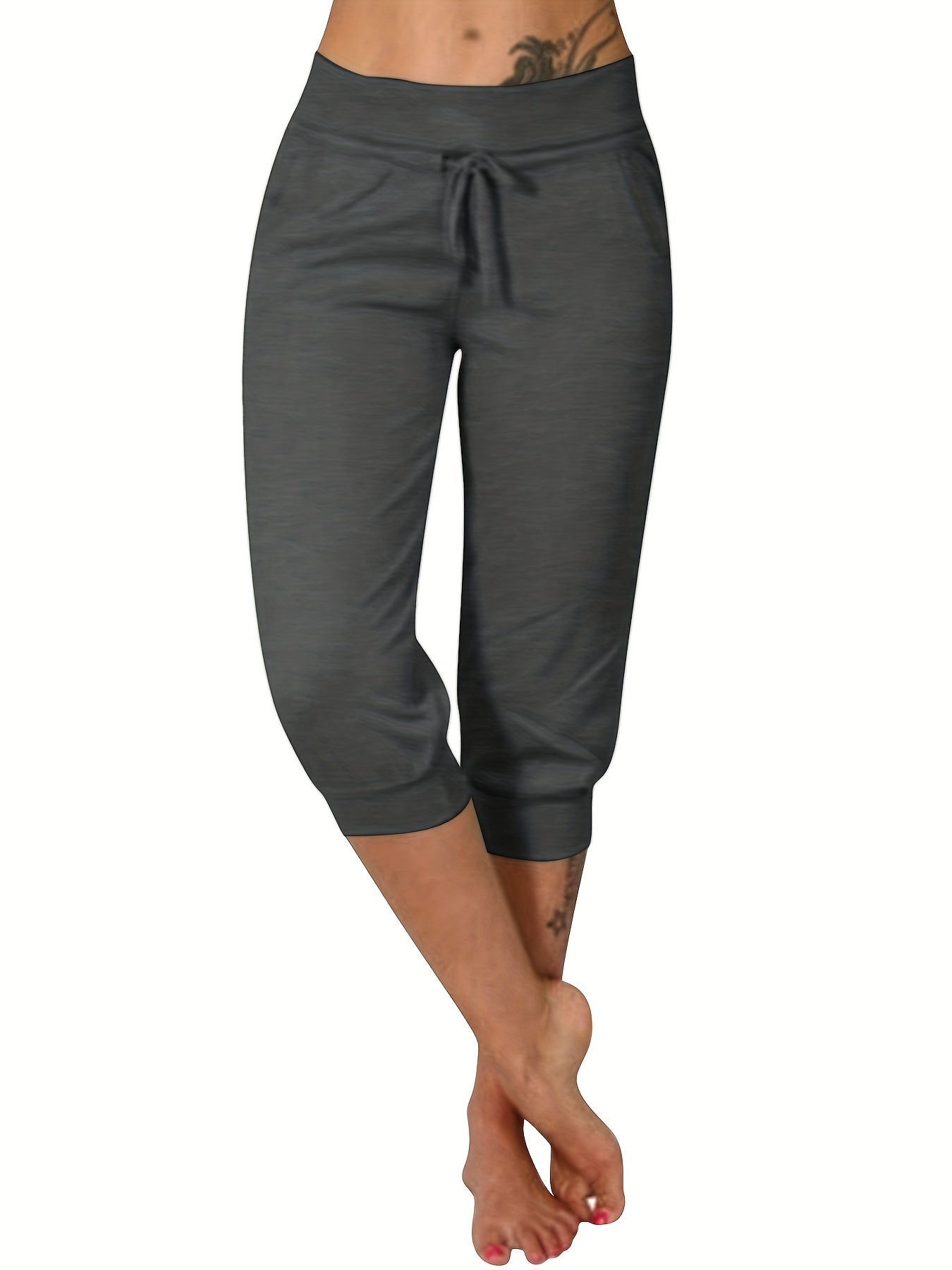 Womens Solid Elastic Capri Pants - Comfortable Casual Style - Cropped Everyday Wear for Effortless Fashion