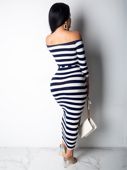 Off Shoulder Striped Dress, Stretchy Long Sleeve Dress, Casual Every Day Dress, Women's Clothing