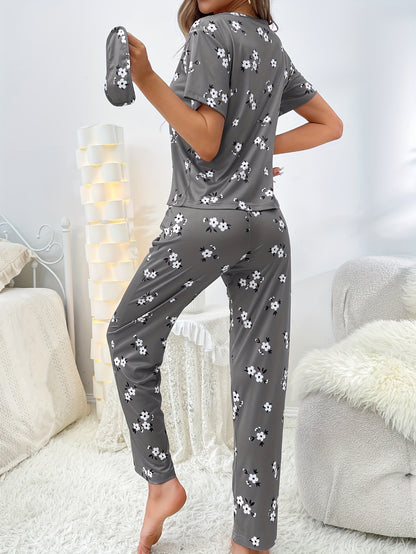 Luxurious Floral Print Pajama Set - Soft & Loose Fit for Women - Short Sleeve Tee & Pants - Comfy Sleepwear & Loungewear for Effortless Style