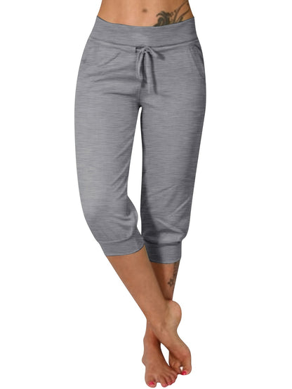 Womens Solid Elastic Capri Pants - Comfortable Casual Style - Cropped Everyday Wear for Effortless Fashion
