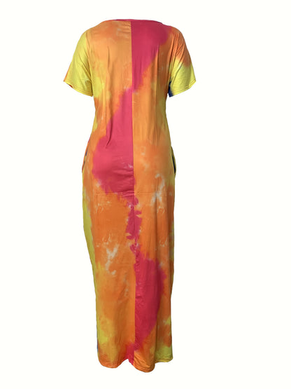 Elegant Plus Size Tie Dye Print Maxi Dress - Short Sleeve with Pocket - Medium Stretch Long Dress for Women