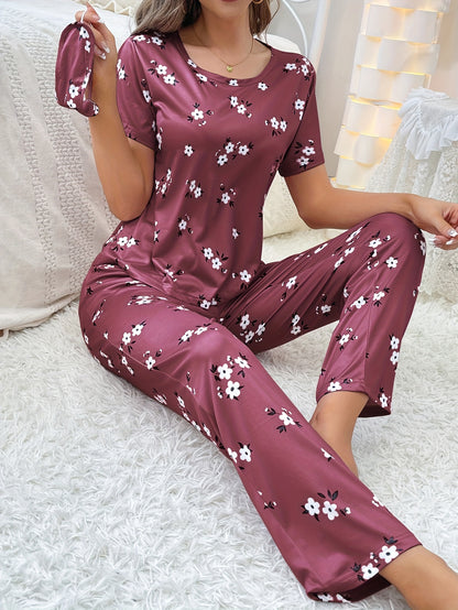 Luxurious Floral Print Pajama Set - Soft & Loose Fit for Women - Short Sleeve Tee & Pants - Comfy Sleepwear & Loungewear for Effortless Style