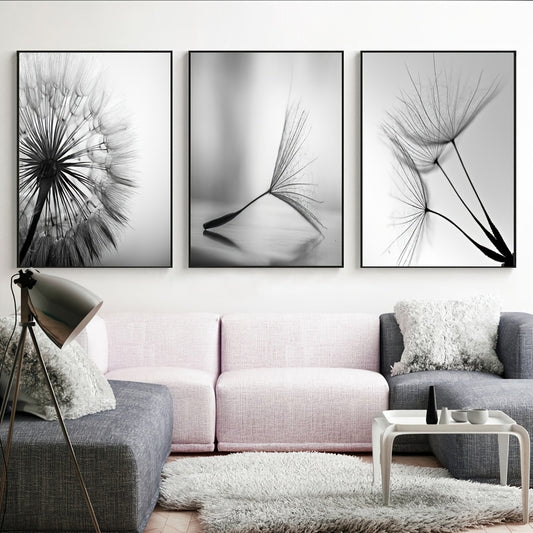 3pcs Black White Dandelion Flower Wall Poster, Wall Canvas, Canvas Painting, 15.7*23.6in Frameless