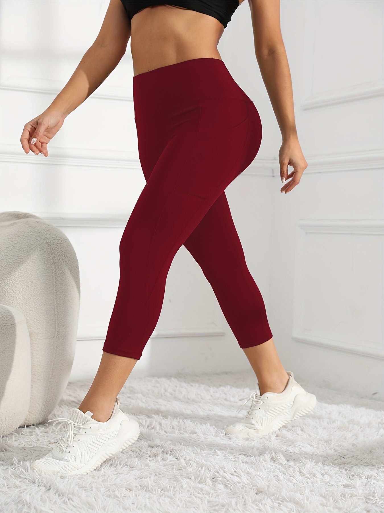 High-Waisted 7/8 Length Yoga Leggings - Tummy Control Butt-Lifting Workout Pants with Side Pockets, Medium-Stretch Non-See-Through Fabric for Gym, Cycling & All-Season Fitness, Yoga Pants, Gym Apparel, Seamless Design, Opaque