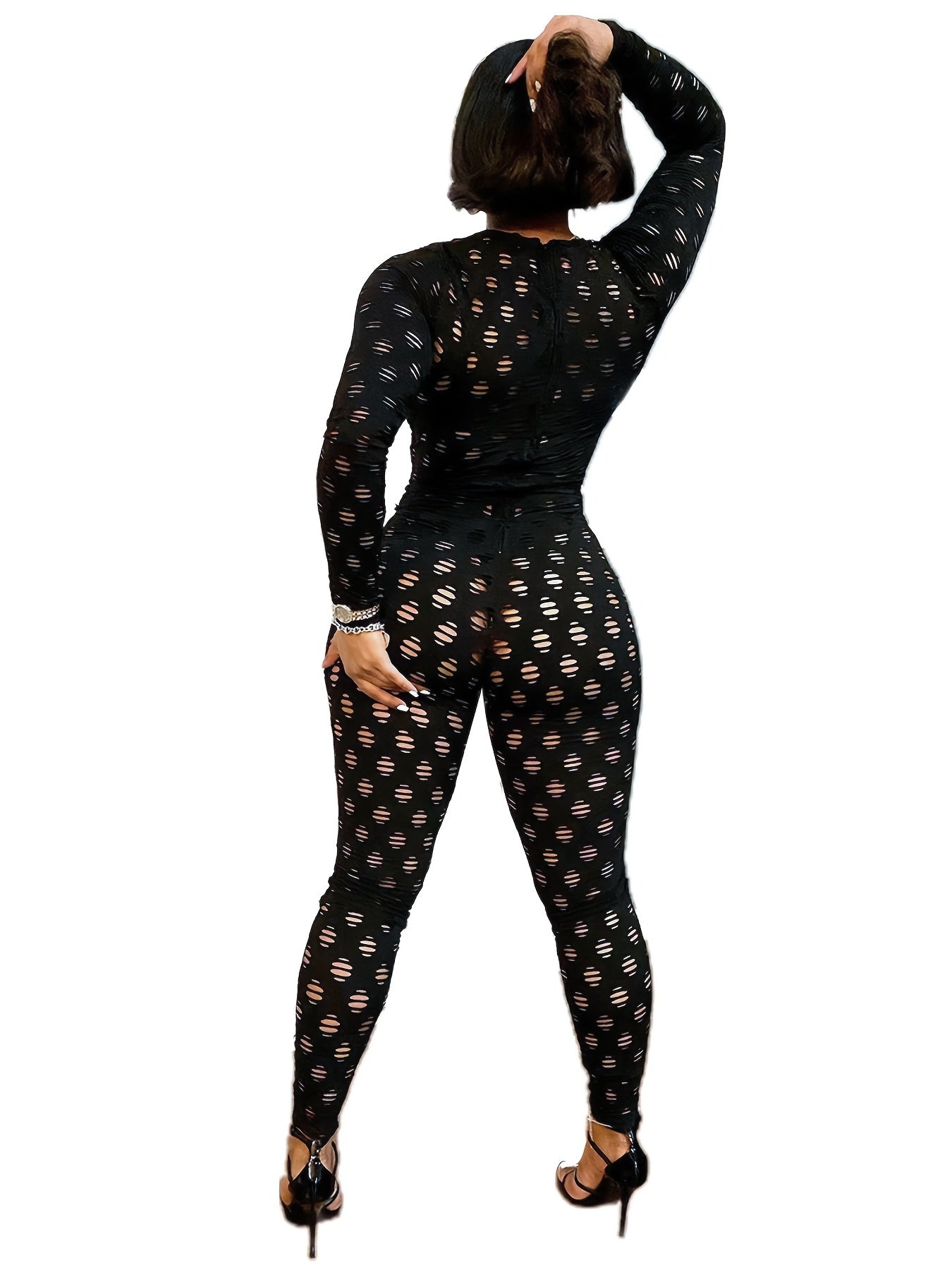 Hollow Zip Back Jumpsuit, Sexy Bodycon Long Sleeve Long Length Jumpsuit For Fall & Winter, Women's Clothing