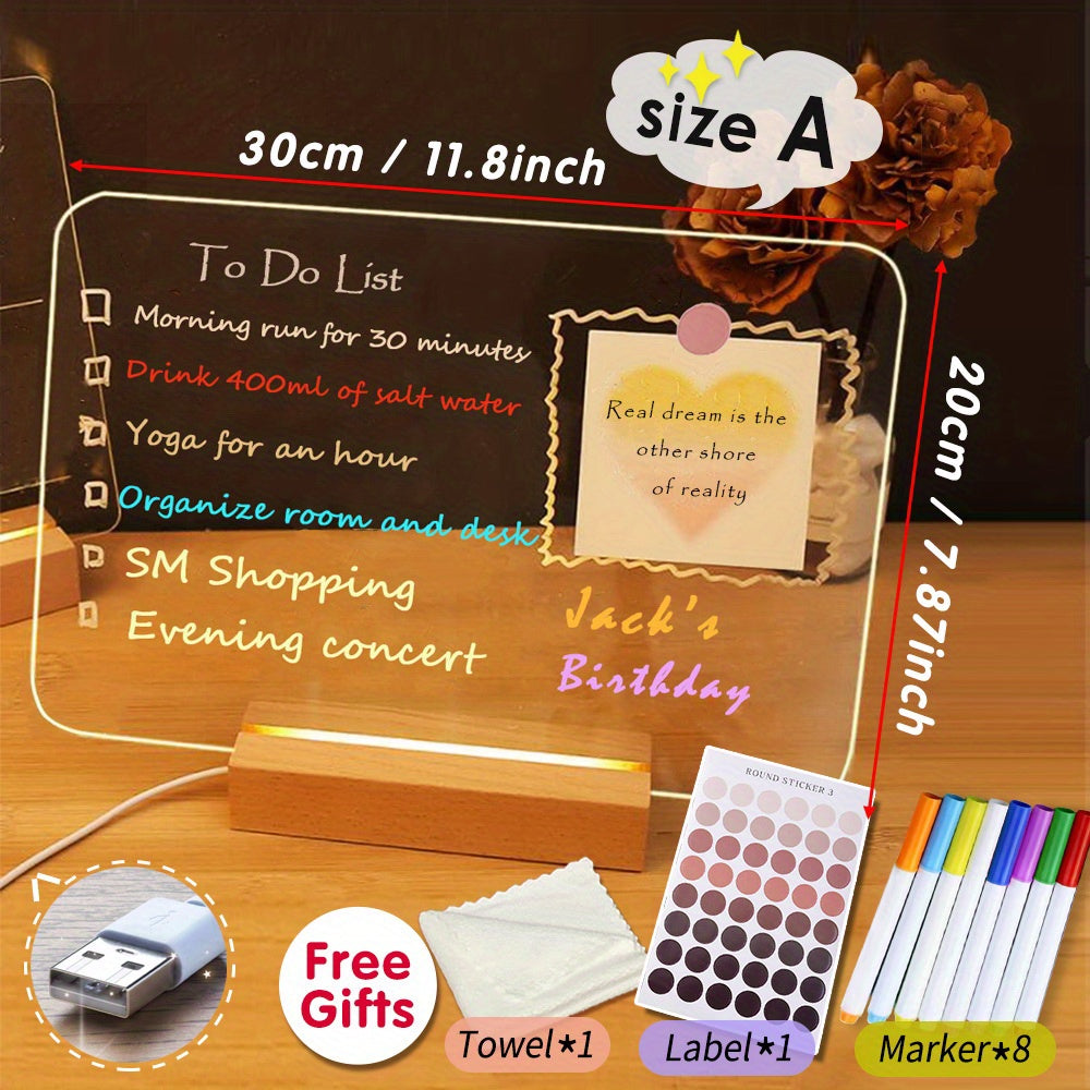 XD-TOPQC Acrylic LED Light Up Dry Erase Board with Stand, USB Powered Tabletop Memo Notepad, Clear Desktop Message Board for Daily Reminder, Planning, and Creative Use - Kawaii Room Decor, Small Notepad