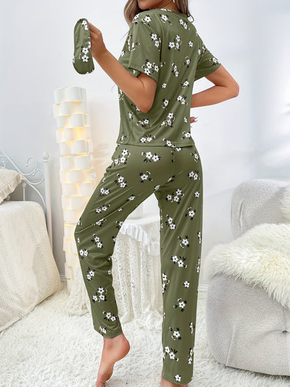 Luxurious Floral Print Pajama Set - Soft & Loose Fit for Women - Short Sleeve Tee & Pants - Comfy Sleepwear & Loungewear for Effortless Style