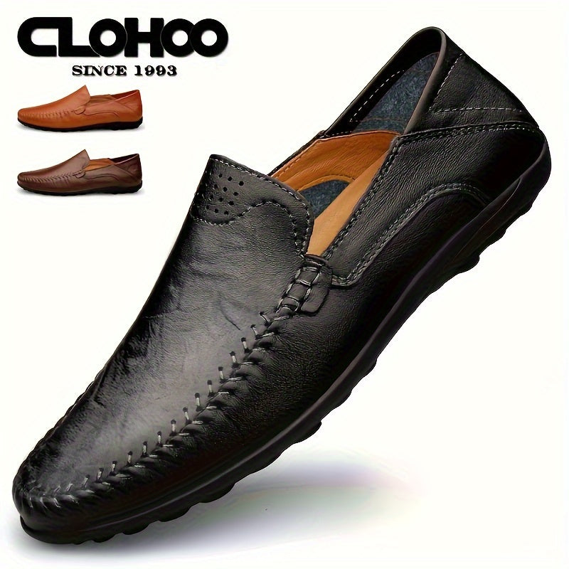 CLOHOO Men's Slip-On Business Casual Shoes - Breathable Second-Layer Leather Upper, Comfortable PU Lining & Rubber Sole, All-Season Versatile for Office, Travel & Vacation - Black, Refined Appearance | Sturdy Rubber Sole, Dre