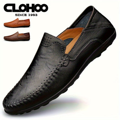 CLOHOO Men's Slip-On Business Casual Shoes - Breathable Second-Layer Leather Upper, Comfortable PU Lining & Rubber Sole, All-Season Versatile for Office, Travel & Vacation - Black, Refined Appearance | Sturdy Rubber Sole, Dre