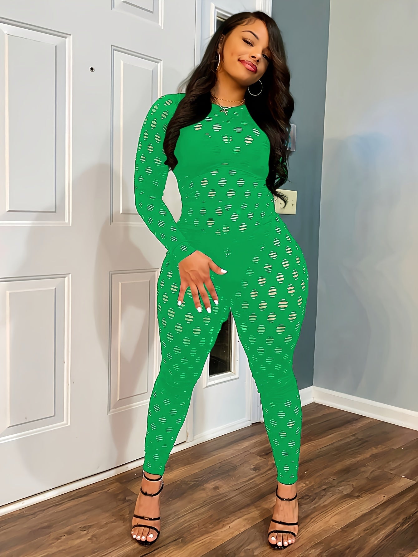 Hollow Zip Back Jumpsuit, Sexy Bodycon Long Sleeve Long Length Jumpsuit For Fall & Winter, Women's Clothing