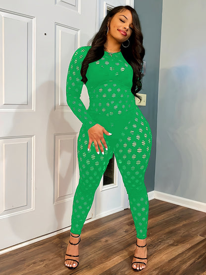 Hollow Zip Back Jumpsuit, Sexy Bodycon Long Sleeve Long Length Jumpsuit For Fall & Winter, Women's Clothing