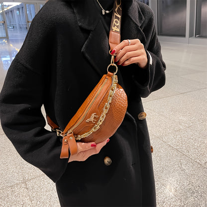 Stylish Crocodile-Embossed Chain Waist Bag | Secure Zip & Versatile Use | Faux Leather Fanny/Chest Pack for Girls with Polyester Lining