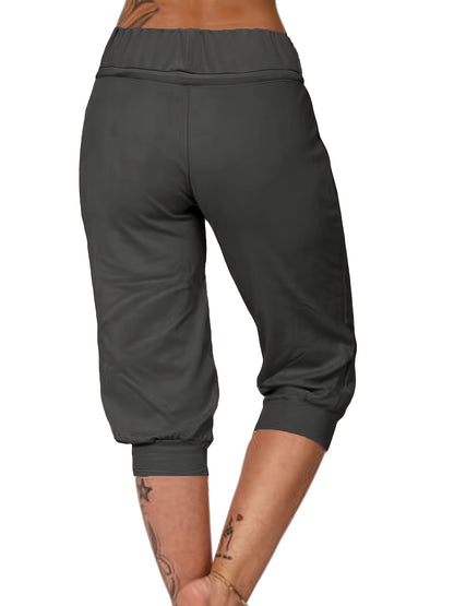 Womens Solid Elastic Capri Pants - Comfortable Casual Style - Cropped Everyday Wear for Effortless Fashion