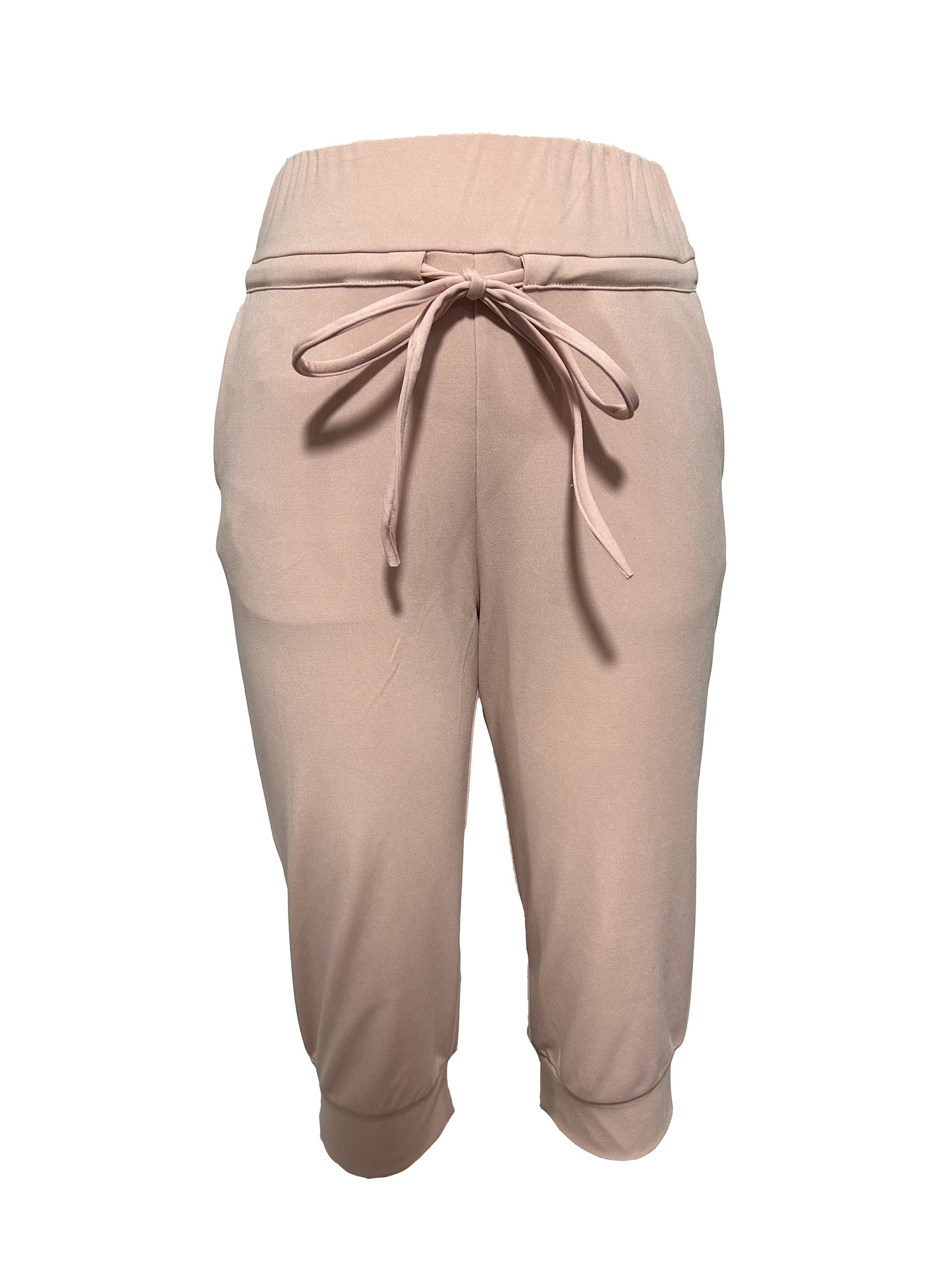 Womens Solid Elastic Capri Pants - Comfortable Casual Style - Cropped Everyday Wear for Effortless Fashion
