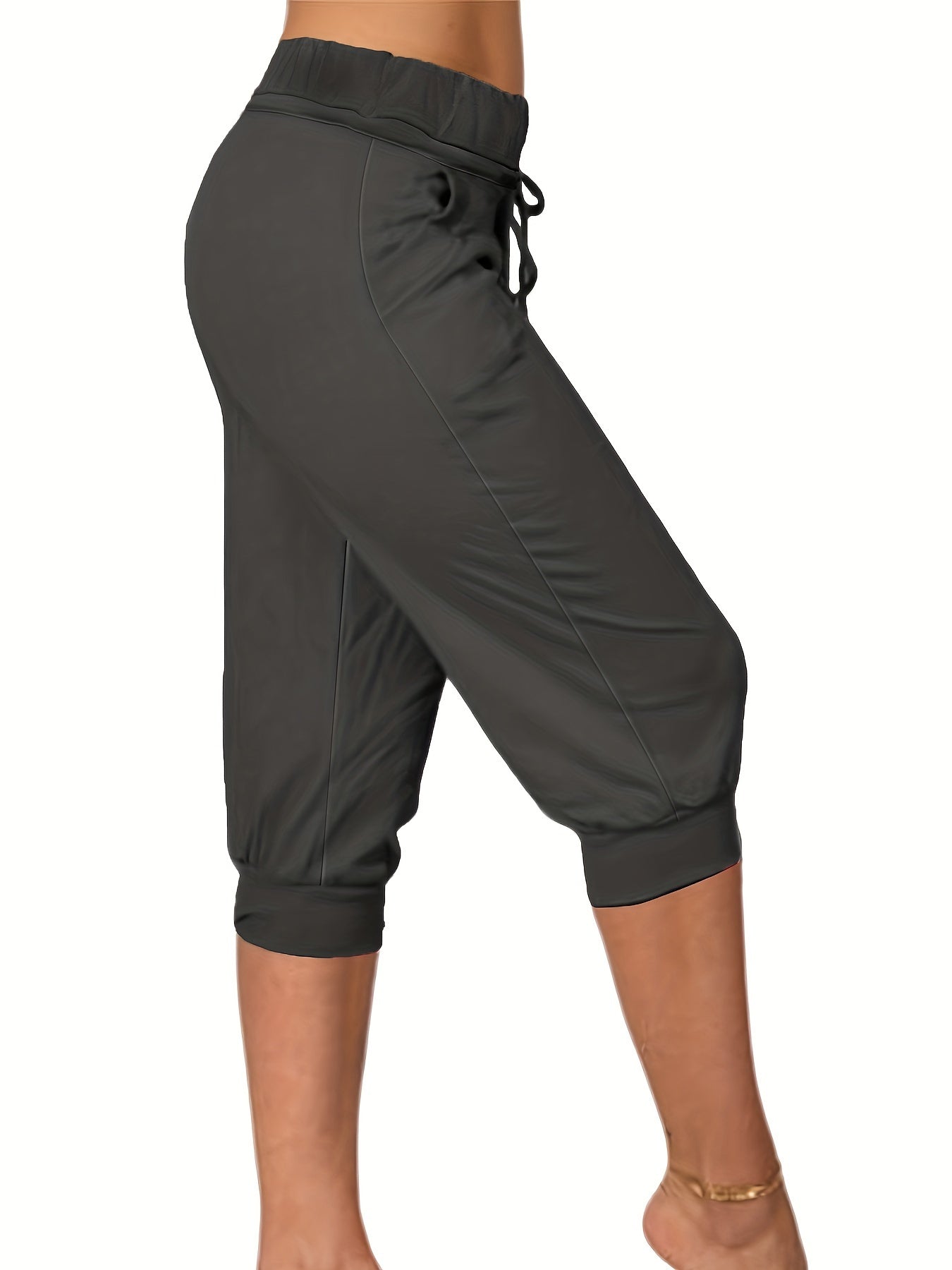 Womens Solid Elastic Capri Pants - Comfortable Casual Style - Cropped Everyday Wear for Effortless Fashion